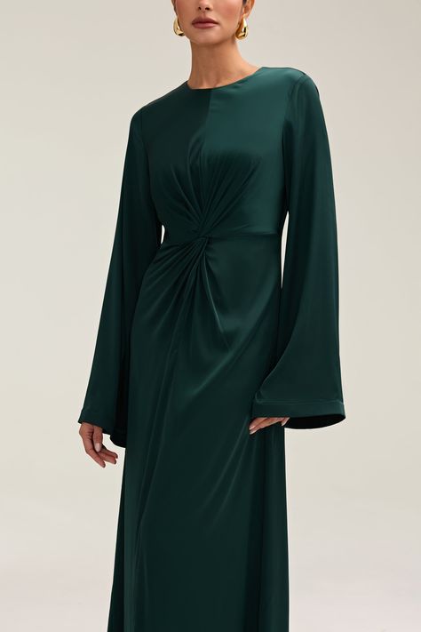 Duha Satin Twist Front Maxi Dress - Emerald - L / 56 Evening Gowns Modest, Modest Dresses Wedding Guest, Hijabi Wedding Guest Outfit, Satin Dress Hijab, Formal Fits, Queen Esther, Twist Dress, White Dress Formal, Nikkah Dress