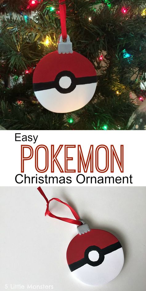 Quick and easy DIY Pokemon Pokeball Christmas Ornament made with a round unfinished ornament from the craft store and a little acrylic paint Nerdy Christmas Ornaments, Pokemon Christmas Ornaments, Pokémon Christmas, Pokemon Ornaments, Nerd Christmas, Christmas Pokemon, Diy Pokemon, Nerdy Christmas, Pikachu Cake