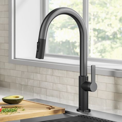 Kraus Oletto Matte Black Spot Free Black Stainless Steel Single Handle Pull-down Kitchen Faucet with Sprayer in the Kitchen Faucets department at Lowes.com Sink With Black Faucet, Kitchen Faucet With Sprayer, Brass Kitchen Faucet, Black Faucet, Black Kitchen Faucets, Single Handle Kitchen Faucet, Delta Faucets, Grey Kitchens, Faucet Handles