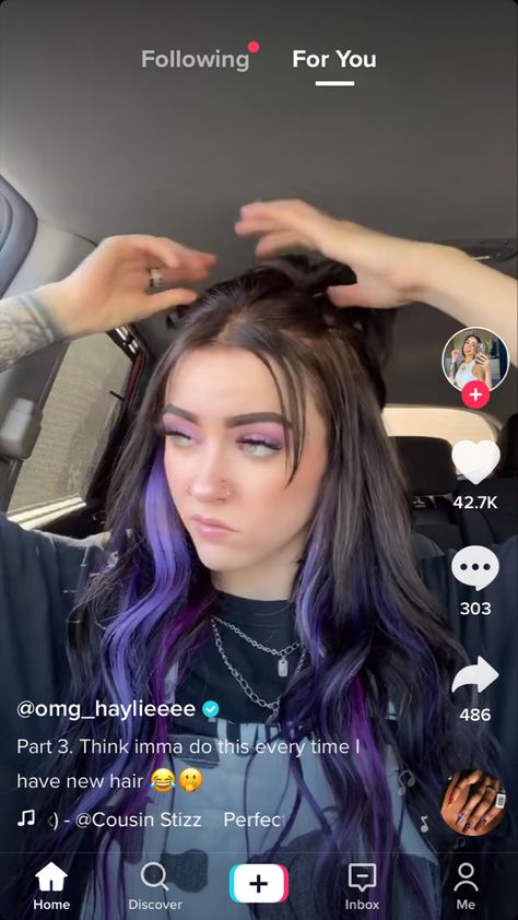 Black Color Block Hair, Purple Money Piece Hair Brunette, Front Color Streak Hair, Lavender Money Piece, Dyed Hair On Brown Skin, Curtain Bangs Dyed, Lavender Money Piece Hair, Purple Underdye Hair, Partially Dyed Hair