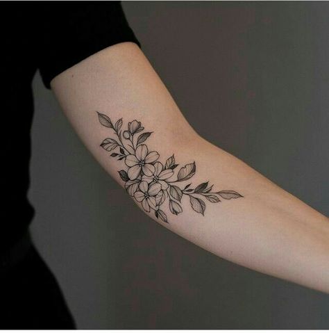 Wrap Around Mid Arm Tattoo, Flower And Quote Tattoo Forearm, Inside Forearm Tattoo Women Flower, Floral Tattoo On Arm, Small Forearm Tattoos For Women, Women Elbow Tattoo, Inner Elbow Tattoos For Women, Floral Tattoos For Women, Artist Tattoo Ideas