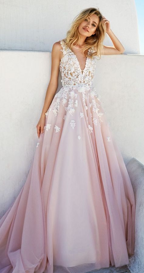 a pink wedding dress without sleeve, with a a covered plunging neckline and white lace appliques on the bodice and skirt Prom Dresses V Neck, Dresses V Neck, Pink Wedding Dresses, فستان سهرة, A Line Prom Dresses, Beauty Dress, A-line Wedding Dress, Beautiful Gowns, Vera Wang