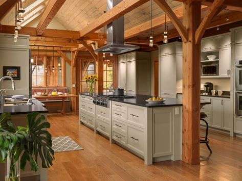 Hilltop Timber Frame Transformation - Fine Homebuilding Kitchen Beams, Timber Frame Cottage, Modern Timber Frame Homes, Timber Frame Kitchen, Timber Frame Cabin, Fine Homebuilding, Timber Frame House, Cabin Kitchen, Stowe Vermont