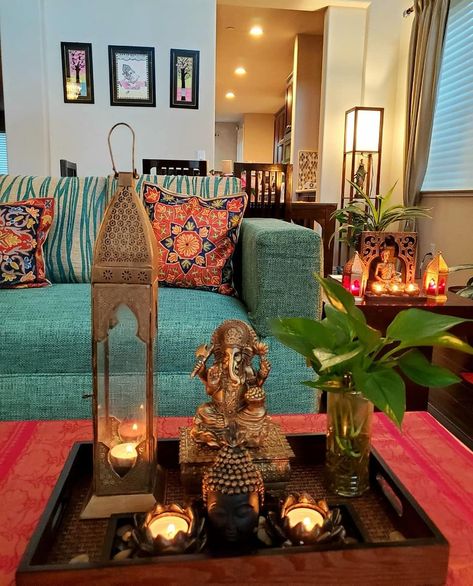 Center Table Decor, Buddha Home Decor, Indian Room Decor, Drawing Room Decor, Diwali Decorations At Home, Buddha Decor, India Home Decor, Indian Interiors, Ethnic Home Decor