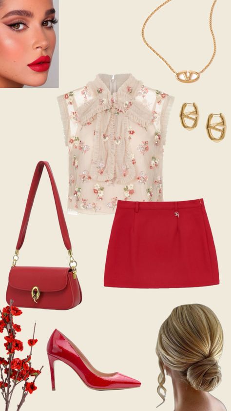 #outfitinspo #red #miniskirtoutfit #feminine #fashion #styleinspo #datenight #girlsnight #party #goingout Red Date Night Outfit, Birthday Moodboard, Fashion Trend Board, Red Outfits, Feminine Outfits, Elegant Clothes, Fashion School, Feminine Fashion, Dress Hairstyles