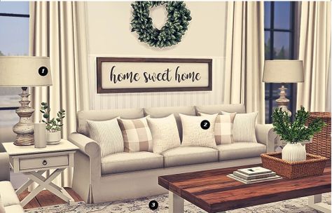 Blooming Rosy: Archive Sims 4 Modern Farmhouse, Sims 4 Farmhouse, Sims 4 Farm, Sims 4 Vintage, Living Room Sims 4, Sims 4 Cottage, Modern Farmhouse Furniture, Farmhouse Wallpaper, Homescreen Wallpaper Ideas