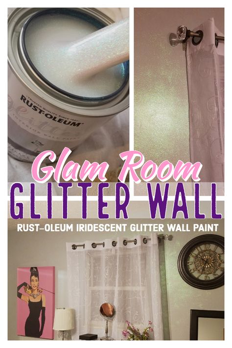 Glitter accent wall using Rust-Oleum Iridescent Glitter Interior Wall Paint Rustoleum Iridescent Glitter Wall Paint, Rustoleum Glitter Paint, Glitter Ceiling Paint Bedroom, Iridescent Paint Walls, Glitter Paint For Walls Bedrooms, Shimmer Paint For Walls, Adding Glitter To Wall Paint, Pearl Paint Wall, Iridescent Wall Paint