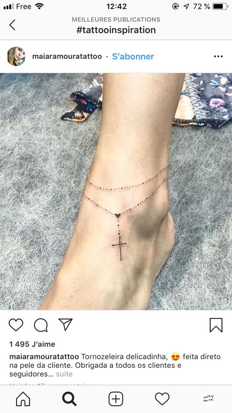 Rosary On Foot Tattoo, Foot Rosary Tattoo For Women, Anklelet Tattoos For Women, Cross Anklet Tattoo, Dainty Anklet Tattoo, Small Rosary Tattoo For Women Arm, Leg Bracelet Tattoo, Ankle Rosary Tattoo For Women, Rosary Tattoo Ankle