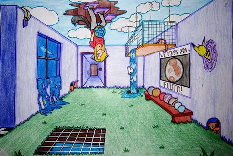 Surrealism Room Drawing, Surreal Room Drawing, Surrealism Room, Surreal Room, One Point Perspective Room, Perspective Room, Perspective Lessons, Surrealism Drawing, 1 Point Perspective