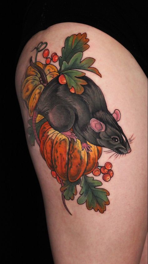 Rat Neo Traditional Tattoo, Neotrad Animal Tattoo, Neotraditional Animal Tattoo, Chest Tattoo Animal, Pumpkins Tattoo, Daschund Tattoo, Adorable Tattoos, Designs For Tattoos, Tattoo Flash Ideas