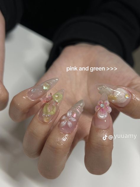 Nail Set Almond, Nails Inspo Acrylic, Floral Spring Nails, Almond Stiletto Nails, Fairy Nails, Soft Coquette, Fairy Cottage Core, Henna Nails, March Nails