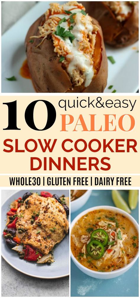 10 Paleo Slow Cooker Dinners | These paleo slow cooker dinner recipes look SO good! I love that they’ll make for an easy weeknight meal, and I know my whole family will love these paleo crockpot meals as well! The recipes are also Whole30 compliant, gluten-free, grain-free, and dairy-free. Plus none of them take more than 15 minutes to prepare! Definitely pining! #paleo #slowcooker #crockpot #glutenfree #whole30 Paleo Crockpot Meals, Paleo Slow Cooker Recipes, Paleo Crockpot Recipes, Paleo Slow Cooker, Slow Cooker Dinner Recipes, Paleo Crockpot, Paleo Recipes Easy, Slow Cooker Dinner, Easy Paleo