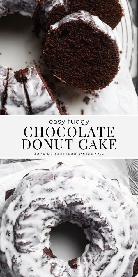 Take all the delicious flavors of a chocolate old fashioned donut and turn them into an easy chocolate donut cake. Perfectly chocolately and topped with a sweet vanilla glaze, this cake is a hit for both breakfast and dessert! | Browned Butter Blondie Glazed Chocolate Donut Bundt Cake, Glaze For Chocolate Cake, Chocolate Cake With Glaze, Chocolate And Vanilla Desserts, Chocolate Decorating Ideas, Chocolate Milk Cake, Pretty Bundt Cakes, Donut Pound Cake, Round Cake Recipes