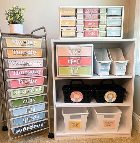 Teacher Organizer Drawers, Classroom Office Organization, Class Desk Organization, Cute Classroom Decor Middle School, Classroom Layout First Grade, Pinterest Classroom Ideas, Teacher Desk Kindergarten, Daycare Teacher Desk Ideas, Teacher Classroom Inspiration