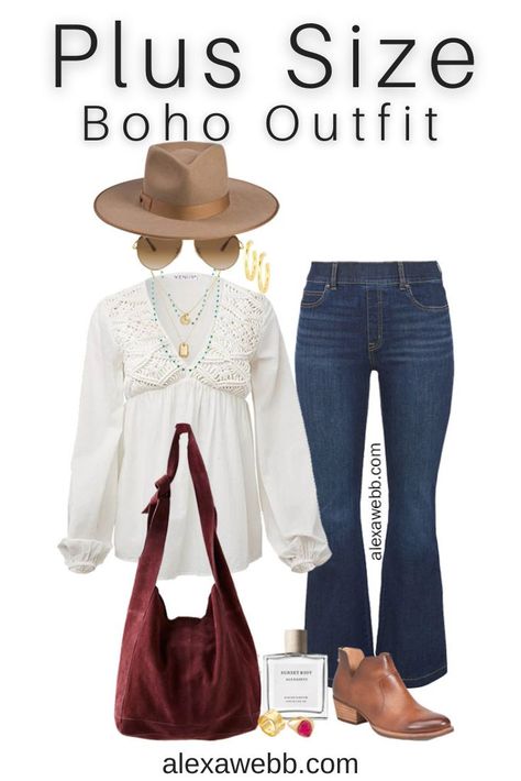 Plus Size Boho Macrame Top Outfit - Alexa Webb Plus Size Flare Jeans Outfits, Country Boho Outfit, Plus Size Western Outfits Woman, Valentines Day Looks, Boho Hippie Outfits, Curvy Boho, Macrame Top, Witchy Outfits, Alexa Webb