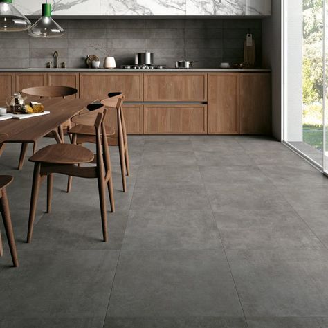 Polvere - Natural porcelain tile from our Edge Tile Collection Grey Floor Tiles Kitchen, Grey Tiles Kitchen, Grey Tile Kitchen Floor, Grey Kitchen Tiles, Tiles Living Room, Natural Tile, Grey Floor Tiles, Grey Floor, Wooden Cupboard