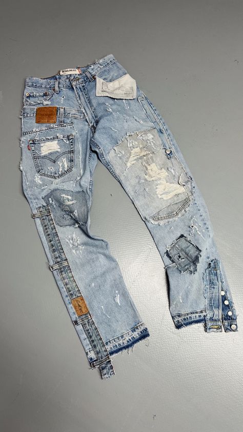 Levi Denim Jeans, Design Jeans Diy Ideas, How To Make Stacked Jeans, Custom Pants Jeans, Custom Denim Pants, Upcycle Clothes Jeans, Reworked Denim Blue Jeans For Streetwear, Reworked Fitted Jeans For Streetwear, Jeans Customization