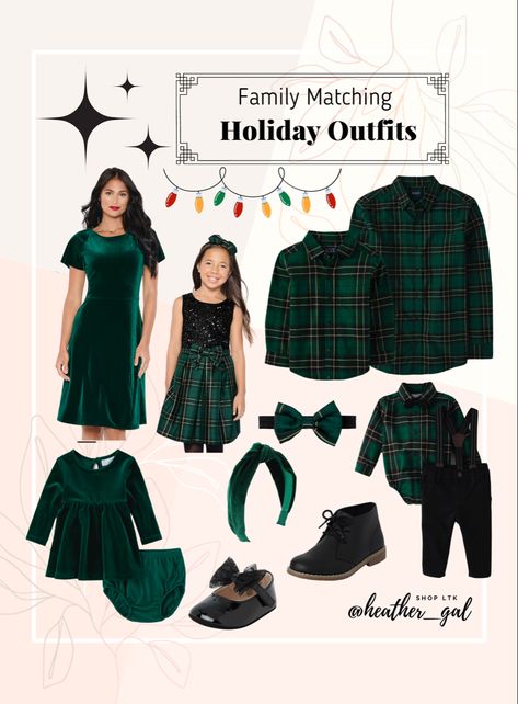 Green Plaid Family Photos, Holiday Matching Outfits, Green Plaid Christmas Outfit Family, Green Velvet Family Christmas Pictures, Christmas Family Photos Green Outfits, Green And Black Christmas Outfit Family, Green Christmas Family Outfits, Green Christmas Photo Outfits, Green Holiday Outfits Family