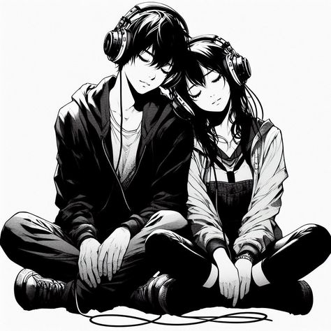 Aesthetics Relationship Goals Anime, Girl And Boy Animes, Me And Her Anime, Couple Listening To Music Together, Couple Anime Drawing, Emo Couple Aesthetic, In Love Pfp, Relationship Anime, Romantic Anime Couples Manga