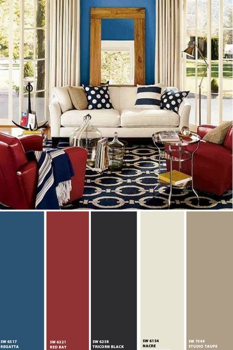 #NeverForget911 Patriotic inspiration. Nice muted colors.   I LOVE THIS ROOM Pallate Color, Patriotic Room, Red Sofa Living, Living Room Decor Blue, Red Sofa Living Room, Red Couch Living Room, Room Decor Blue, Red Living Room, Red Chairs