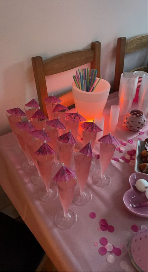 Birthday Drinks Aesthetic, Pink Themed Hotel Party, Pink Surprise Party, Sweet 16 At Home Party Ideas Pink, Sweet 16 Drink Ideas, Pink Birthday Activities, Pink Themed Drinks, Sweet 16 Party Drinks, Pink 15th Birthday Party