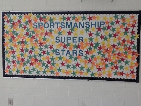 Sportsmanship Bulletin Board Ideas, Fall Pe Bulletin Boards, Elementary Gym Decorations, Elementary Pe Gym Decorations, Elementary Pe Bulletin Boards, School Gym Decorating Ideas, Pe Bulletin Boards Middle School, Pe Gym Decorations, Pe Classroom Decor