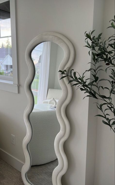 Leaning Against Wall, Arched Floor Mirror, Mirror Standing, Mirror Decor Living Room, Full Length Mirrors, Wavy Mirror, Wooden Mirror Frame, Living Room Decor Inspiration, Pinterest Room Decor