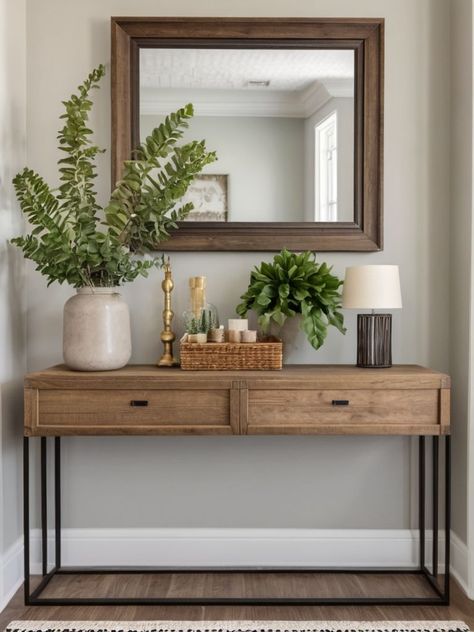 Front Foyer Table Decor Entryway, Front Entry Console Table Decor, Long Entryway Table Decor, Console Table Decorating Dining Room, Style Console Table Entryway, Front Entryway Table Decor, Entryway With Console Table, Dining Console Table Decor, Table Console Decor Ideas