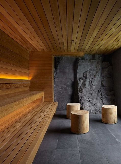 Wood and Rock Sauna Modern Saunas, Wood Sauna, Home Spa Room, Sauna Diy, Sauna House, Spa Interior Design, Sauna Steam Room, The Blue Lagoon, Sauna Design