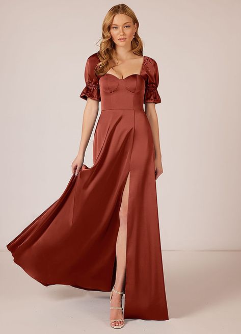 Azazie Harlie Stretch Satin Dress Bridesmaid Dresses | Azazie Satin Dress Bridesmaid, Bridesmaid Dresses Separates, Sequins Wedding Gown, Rust Color Dress, Taupe Bridesmaid Dresses, Rust Bridesmaid Dress, Long Sleeve Bridesmaid Dress, Lilac Bridesmaid Dresses, Stretch Satin Dress