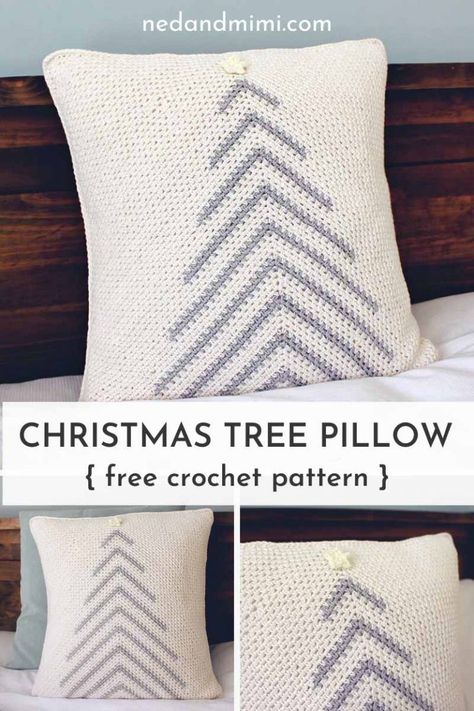 Add a stylish touch to your holiday decor with this modern Christmas Tree crochet pillow. No one will believe that you made it yourself! #crochet #crochetchristmastree #freecrochetpattern Crochet Accent Pillow Free Pattern, Crochet Valentine Pillow, Christmas Pillow Crochet Pattern, Free Crochet Christmas Patterns, Crochet Christmas Blanket, Modern Haken, Crochet Christmas Trees Pattern, Crochet Pillow Patterns Free, Crochet Cushion Pattern