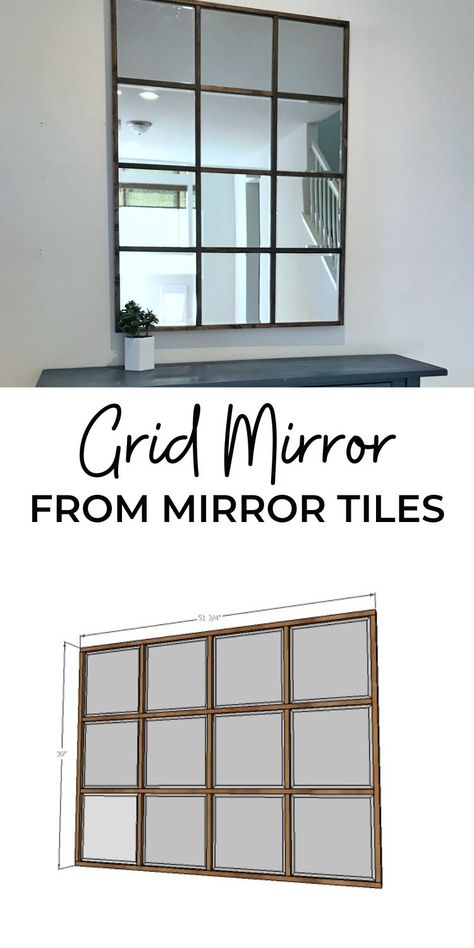 Mirrored Tiles On Wall, Square Mirror Crafts Diy, Diy Mirror Window Frame, Mirror Tiles On Wall Living Room, Mirror Squares Wall Diy, Diy Windowpane Mirror, Mirror Tile Ideas, Diy Wall Mirror Ideas Living Room, Mirror Tiles On Wall