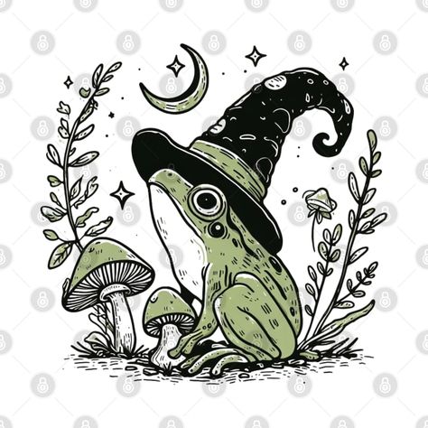 Frog Witch Hat, Frog Witch Drawing, Frog With Witch Hat Tattoo, Witchy Frog Tattoo, Garden Witch Drawing, Frog With Witch Hat, Frogs And Mushrooms, Witch Frog Tattoo, Mushroom Frog Drawing