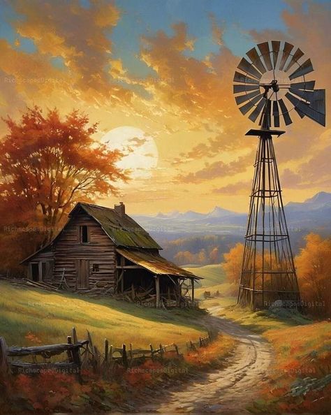 American Goulash, Log Cabin Rustic, Board Pictures, Landscape Painting Tutorial, Spray Paint Art, Old Churches, Cottage Art, Wheat Fields, Farmhouse Art