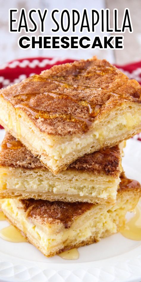 Cinnamon and sugar have never been more magical together than in this easy-to-make, so satisfying to eat, Sopapilla Cheesecake! #RealHousemoms #sopapilla #cheesecake #crescentrolls #creamcheese #easydessert #Mexicanfood #potluck #cincodemayo Easy Sopapilla Cheesecake Bars, Desserts For Birthday Parties, Best Sopapilla Cheesecake, Sopapilla Cheesecake Recipe, Easy Sopapilla Cheesecake, Mexican Cheesecake, Dessert Potluck, Sopapilla Recipe, Fried Pastry