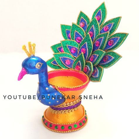 Unique Diya Decoration Ideas, Easy Diya Decoration Ideas For Kids, Diya Decoration Ideas Diwali Unique, Diya Making Competition, Easy Diya Decoration, Deepavali Craft, Peacock Diya Decoration, Diy Diya Stand For Diwali, Diwali Craft Ideas