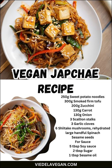 Vegan Japchae Recipe Vegan Korean Recipes, Vegan Japchae, Korean Noodle Recipes, Japchae Recipe, Sweet Potato Stir Fry, Tofu Sauce, Korean Vegan, Noodles Recipes, Korean Noodles