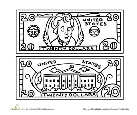 $20 bill coloring page 20 Dollar Bill, 10 Dollar Bill, Classroom Money, Printable Play Money, Money Math Worksheets, Learning Money, Twenty Dollar Bill, Money Math, Money Worksheets