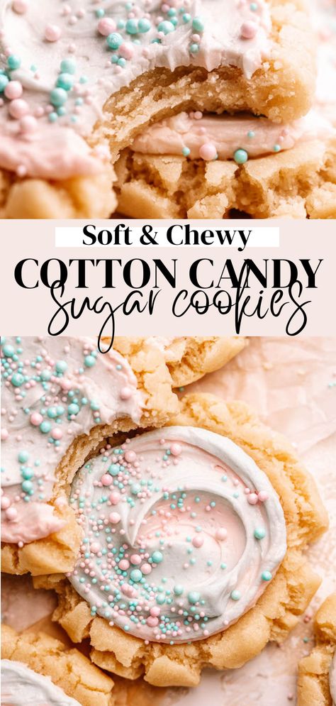 Big thick and soft sugar cookies with a swirl of cotton candy buttercream and sprinkles. Pink And Blue Cotton Candy, Candy Cookies Recipes, Cotton Candy Cookies, Crumble Cookie Recipe, Chewy Sugar Cookies, Soft Sugar, Big Cookie, Soft Sugar Cookies, Summer Cookies