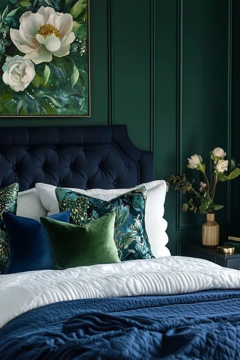 "Elevate your home with the allure of bold and moody color palettes! 🎨🖌️ A great way to add drama and sophistication to your space. 🌿✨ #BoldDesign #MoodyPalettes #InteriorDecor" Forest Green And Teal Bedroom, Navy And Green Bedroom Master, Navy Blue And Emerald Green Bedroom, Peacock Color Palette Bedroom, Dark Green And Navy Bedroom, Jewel Tone Master Bedrooms Decor, Peacock Green Bedroom, Navy And Emerald Bedroom, Dark Blue And Green Bedroom