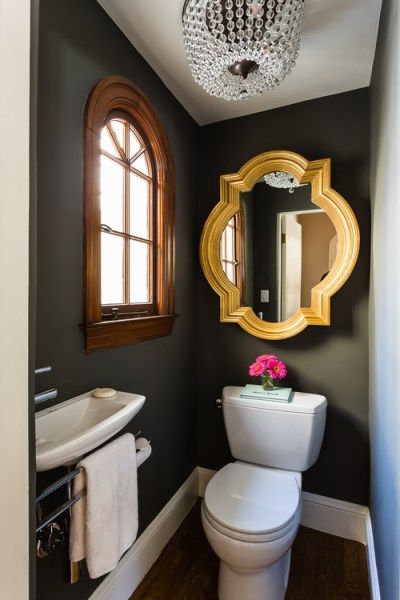 The best dark paint colour for a dark room, bathroom or basement, gray, brown, blue, green and more colors Downstairs Wc, Powder Room Design Ideas, Tiny Powder Rooms, Manchester Tan, Tiny Powder Room, Makeover Kamar Mandi, Contemporary Powder Room, Dark Paint Colors, Powder Room Design