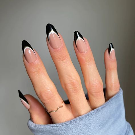 The Nailest Black Lined French Tip Nails, Black And White Almond Shaped Nails, White Almond French Tip Nails With Design, Black French Tip With White Line, Black Nails White Tips, Black White French Tip Nails, Black Classy Nails, Black Tie Nails, Banquet Nails