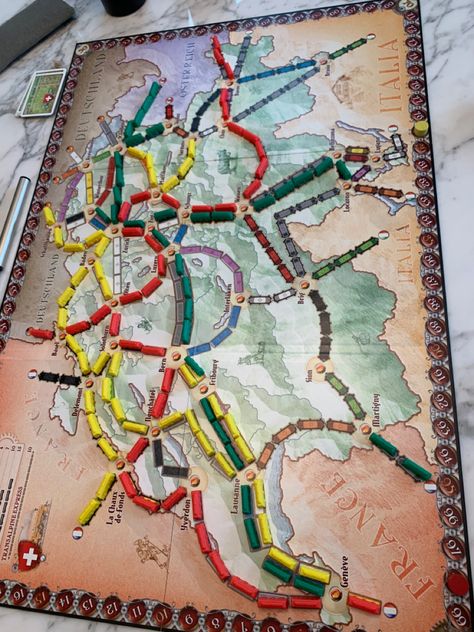 Ticket to Ride board game Switzerland edition Friends Playing Board Games Aesthetic, Ticket To Ride Party, Ticket To Ride Printable, Ticket To Ride Europe, Train Ride In Switzerland, Europe Aesthetic, Ticket To Ride, Board Games