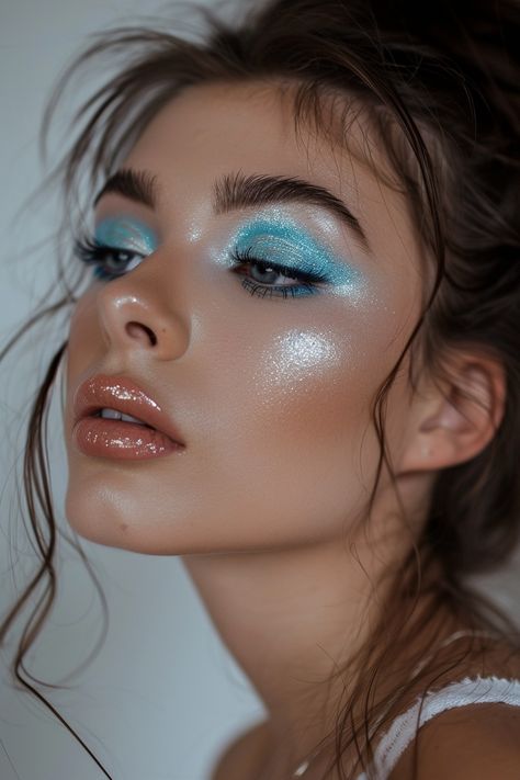 Feeling Blue? 50+ Insanely Gorgeous Blue Eyeshadow Looks - Days Inspired Blue Eye Makeup Dramatic, Blue Themed Makeup Looks, White And Blue Eyeshadow Looks, Cyan Makeup Looks, Icy Blue Makeup Look, Light Blue Glitter Makeup, Ocean Makeup Looks, Icy Blue Eyeshadow, Blue Wedding Makeup