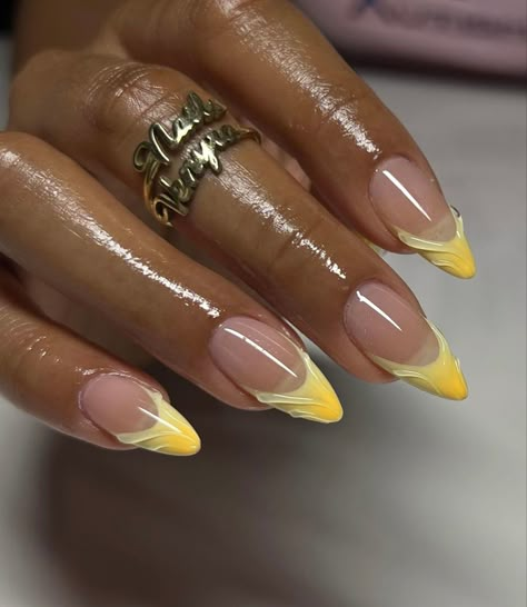 Almond Polygel Nails Design, Almond Yellow French Nails, Bermuda Nails, Yellow French Tip Nails, Yellow French Tip, Summer Holiday Aesthetic, Gems Nails, Yellow French, Mens Nails