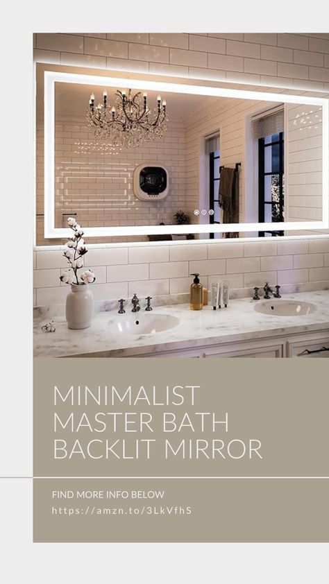 Master Bath Lighted Mirror, Lights Mounted On Bathroom Mirror, Bathrooms With Big Mirrors, Large Lighted Vanity Mirror, Master Bath Led Mirror, Led Lights Bathroom Mirror, Bathroom Mirror With Lights On Side, Bathroom Large Mirror Ideas, Bathroom Vanity Mirror Lighting