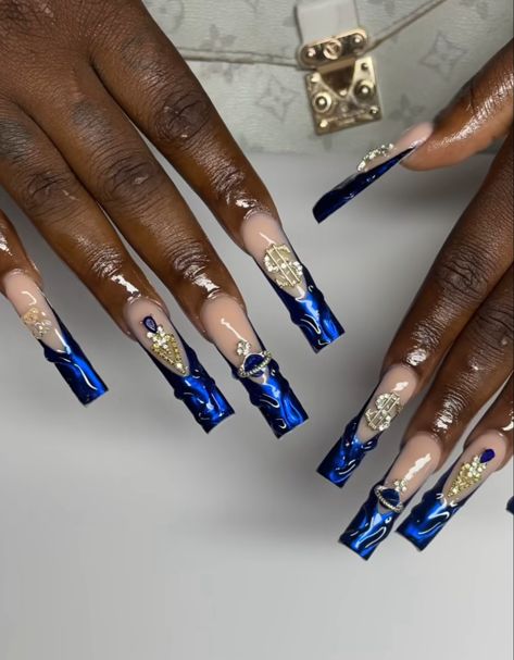 Royal Blue Acrylic Nails Design, Royal Blue And Gold Nails, Royal Blue Prom Nails, Unique Acrylic Nail Designs, Royal Blue Nails Designs, Blue Toe Nails, Dance Nails, Blue Prom Nails, Quince Nails