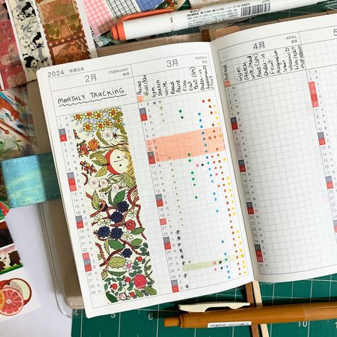 Monthly tracker for March completed- lessons learned and incorporated into April’s tracker ☺️ . #hobonichi #techo #planner #plannerlove #journallove #journalling #journalinspiration #planneraddict #plannercommunity #journaling #journalideas #plannerideas #monthlyspread #monthlytracker #plannerlife #plannerstickers #plannernerd #plannerspread #journalspread #flatlay Hobonichi Weeks Habit Tracker, Hobonichi Monthly Spread, Hobonichi Cousin Monthly Layout, Kinbor Planner, Hobonichi Ideas, House Manager, Planner Spread Inspiration, Hobo Weeks, Monthly Tracker