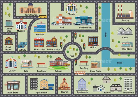 Vector Map Illustration, Cartoon Map Drawing, Map Cartoon, Town Map Drawing, Giving Directions Map, Town Map Illustration, Neighbourhood Illustration, Town Planning, Road Map Illustration