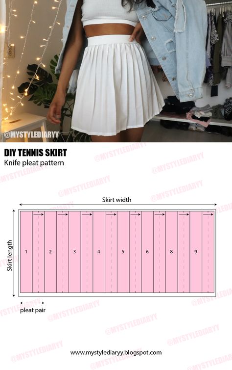 Pleats Skirt Pattern, Tennis Skirt Tutorial, Pleated Pattern, How To Make Pleated Skirt, Pleat Skirt Pattern, Skirt Pleated Pattern, Diy Tennis Skirt Pattern, Tennis Skirt Pattern Sewing, How To Make A Pleated Skirt